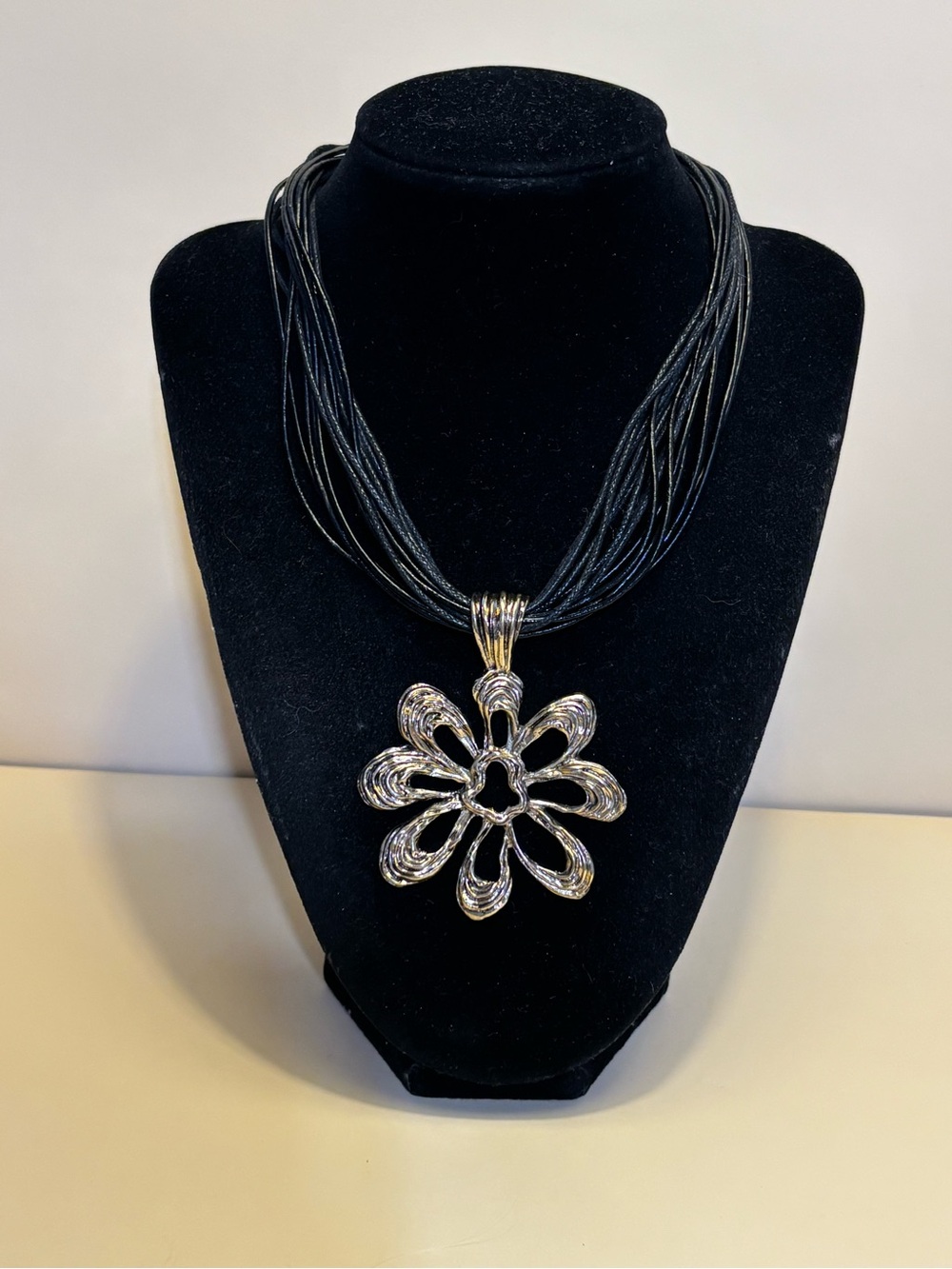 Free People Flower Pendant Multi-Strand Black Cord Necklace 15”+3”